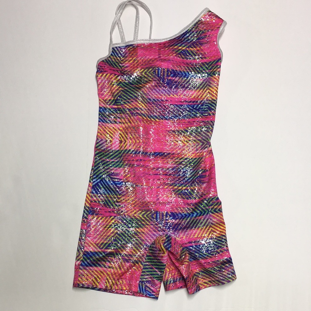 Danskin now Pink Stripe One-Shoulder Sparkle Romper Leotard Gymnast Dance S 6-6x